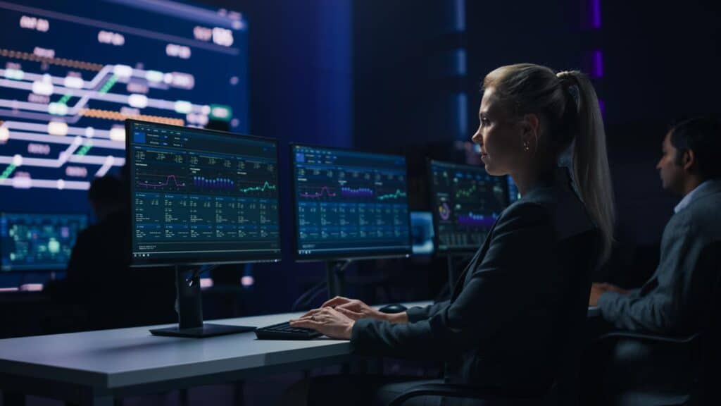 Confident Female Data Scientist Works on Personal Computer in Big Infrastructure Control Room.